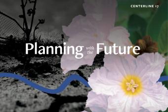 Various natural backgrounds with a white flower in the foreground and a blue line connecting them. Text reads "Planning with the Future."
