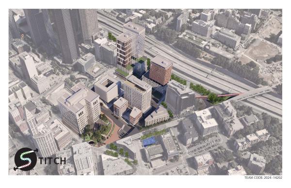 Overhead rendering of The Stitch proposal and site in downtown Seattle
