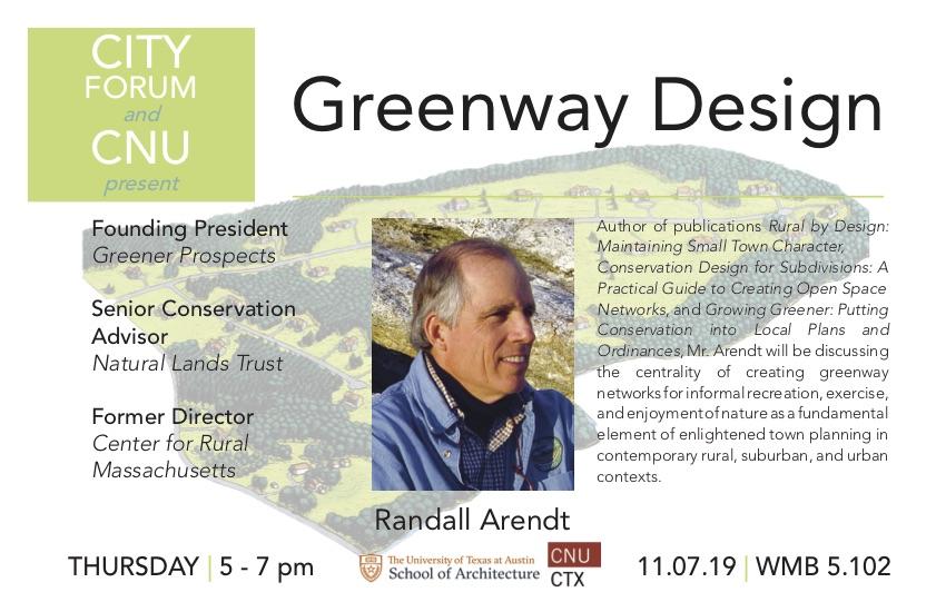 Poster of Randall Arendt describing his upcoming talk on Greenway Design