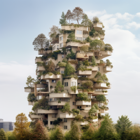 A tall building with multiple layers jutting out in different ways, covered in trees