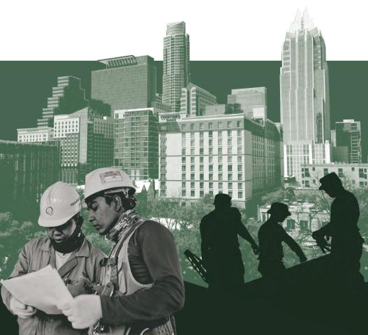 Construction workers overlaid a green tinted Austin skyline